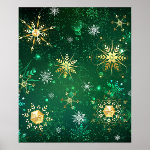 Xmas Golden Snowflakes op groene achtergrond Poster
