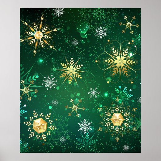 Xmas Golden Snowflakes op groene achtergrond Poster (Voorkant)
