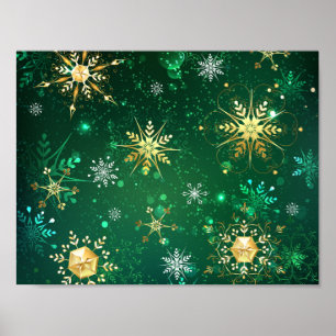 Xmas Golden Snowflakes op groene achtergrond Poster