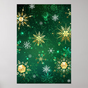 Xmas Golden Snowflakes op groene achtergrond Poster
