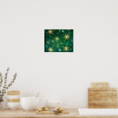 Xmas Golden Snowflakes op groene achtergrond Poster (Keuken)