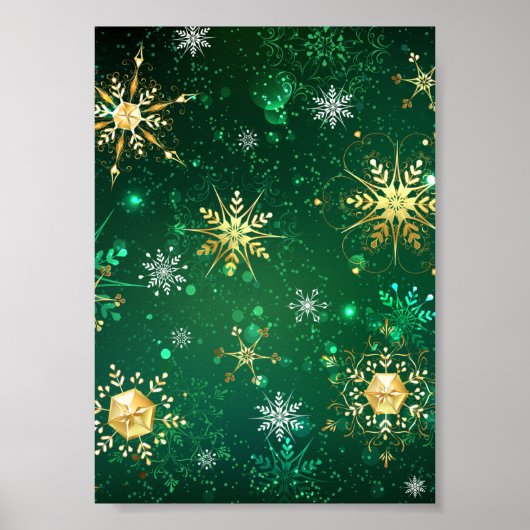 Xmas Golden Snowflakes op groene achtergrond Poster (Voorkant)