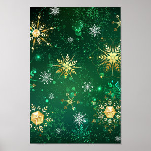 Xmas Golden Snowflakes op groene achtergrond Poster