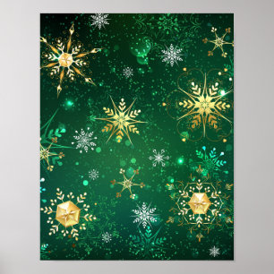 Xmas Golden Snowflakes op groene achtergrond Poster