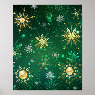Xmas Golden Snowflakes op groene achtergrond Poster