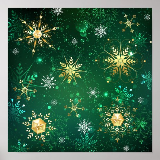 Xmas Golden Snowflakes op groene achtergrond Poster (Voorkant)