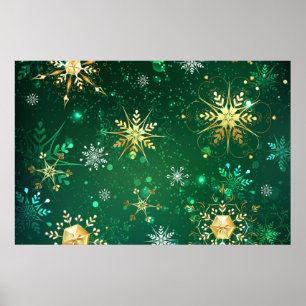 Xmas Golden Snowflakes op groene achtergrond Poster