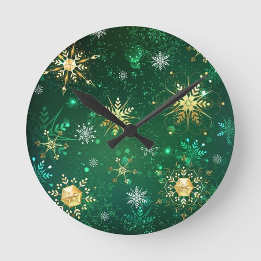 Xmas Golden Snowflakes op groene achtergrond Ronde Klok (Voorkant)
