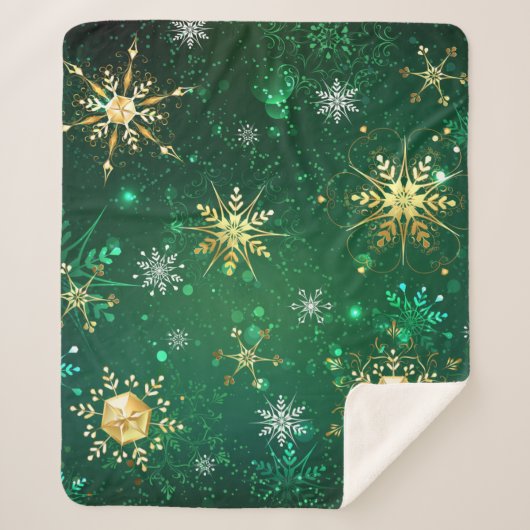 Xmas Golden Snowflakes op groene achtergrond Sherpa Deken (Voorkant)