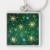 Xmas Golden Snowflakes op groene achtergrond Sleutelhanger (Voorkant)