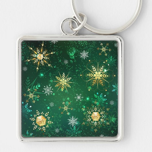 Xmas Golden Snowflakes op groene achtergrond Sleutelhanger (Voorkant)