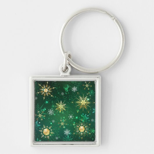 Xmas Golden Snowflakes op groene achtergrond Sleutelhanger (Voorkant)