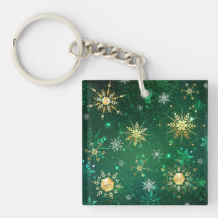 Xmas Golden Snowflakes op groene achtergrond Sleutelhanger