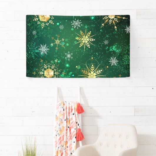 Xmas Golden Snowflakes op groene achtergrond Spandoek (Insitu)