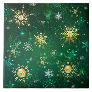 Xmas Golden Snowflakes op groene achtergrond Tegeltje