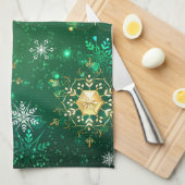 Xmas Golden Snowflakes op groene achtergrond Theedoek (Quarter Fold)