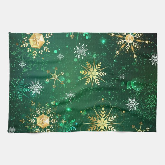 Xmas Golden Snowflakes op groene achtergrond Theedoek (Horizontaal)