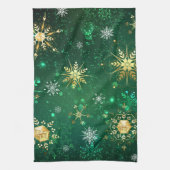 Xmas Golden Snowflakes op groene achtergrond Theedoek (Verticaal)