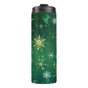 Xmas Golden Snowflakes op groene achtergrond Thermosbeker