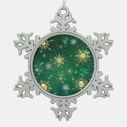 Xmas Golden Snowflakes op groene achtergrond Tin Sneeuwvlok Ornament (Voorkant)