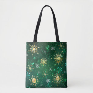Xmas Golden Snowflakes op groene achtergrond Tote Bag