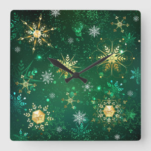 Xmas Golden Snowflakes op groene achtergrond Vierkante Klok