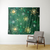 Xmas Golden Snowflakes op groene achtergrond Wandkleed (In Situ (horizontaal))