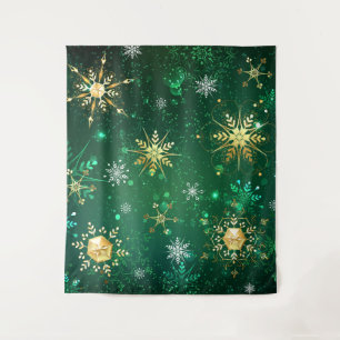 Xmas Golden Snowflakes op groene achtergrond Wandkleed
