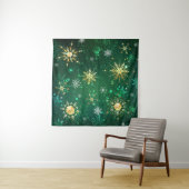 Xmas Golden Snowflakes op groene achtergrond Wandkleed (In situ)