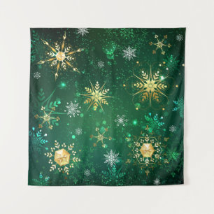 Xmas Golden Snowflakes op groene achtergrond Wandkleed