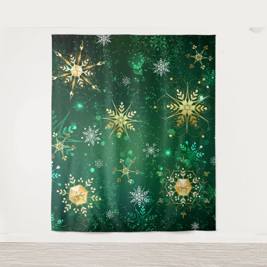 Xmas Golden Snowflakes op groene achtergrond Wandkleed (Voorkant)