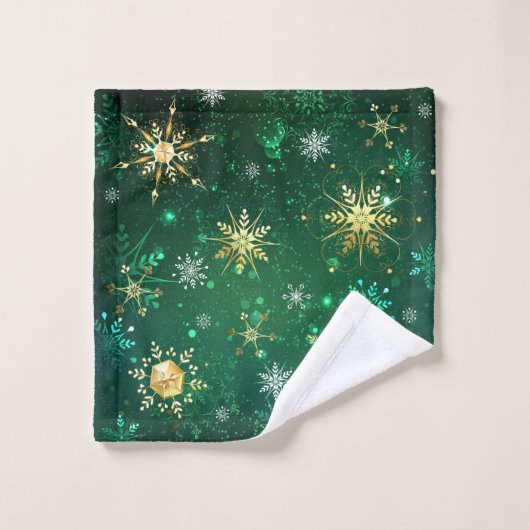 Xmas Golden Snowflakes op groene achtergrond Washandje (Wasdoekje)