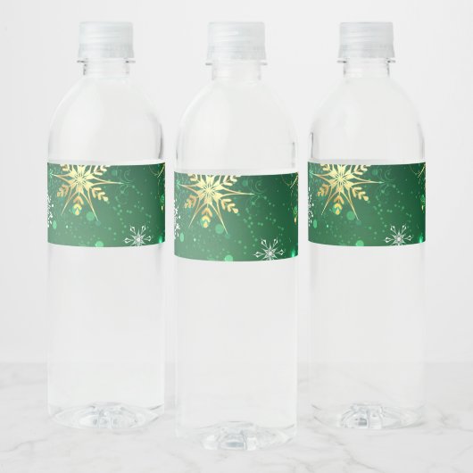 Xmas Golden Snowflakes op groene achtergrond Waterfles Etiket (Flessen)