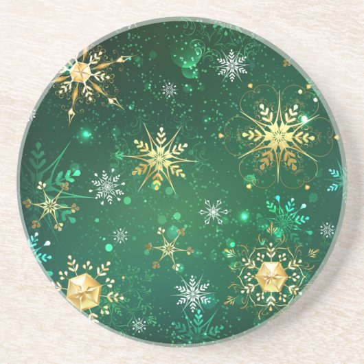 Xmas Golden Snowflakes op groene achtergrond Zandsteen Onderzetter (Voorkant)