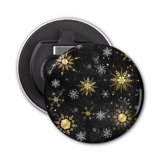 Xmas Golden Snowflakes op zwarte achtergrond Button Flesopener (Voorkant)