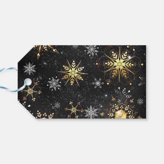 Xmas Golden Snowflakes op zwarte achtergrond Cadeaulabel (Achterkant Horizontaal)