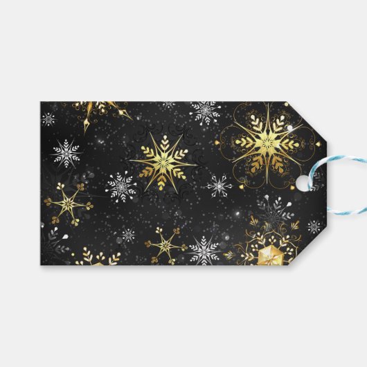 Xmas Golden Snowflakes op zwarte achtergrond Cadeaulabel (Voorkant (Horizontaal))