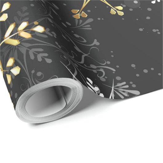 Xmas Golden Snowflakes op zwarte achtergrond Cadeaupapier (Rol Hoek)