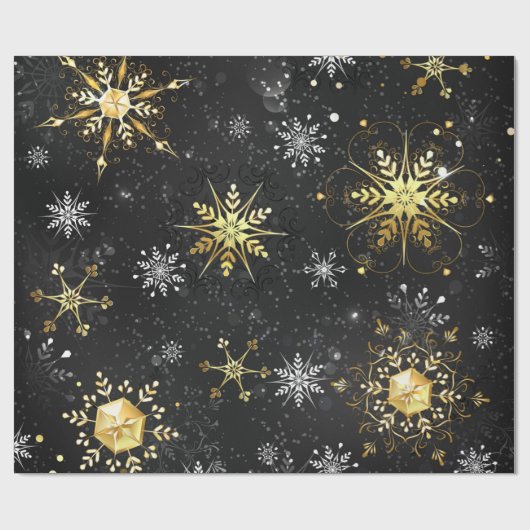 Xmas Golden Snowflakes op zwarte achtergrond Cadeaupapier (Vlak)