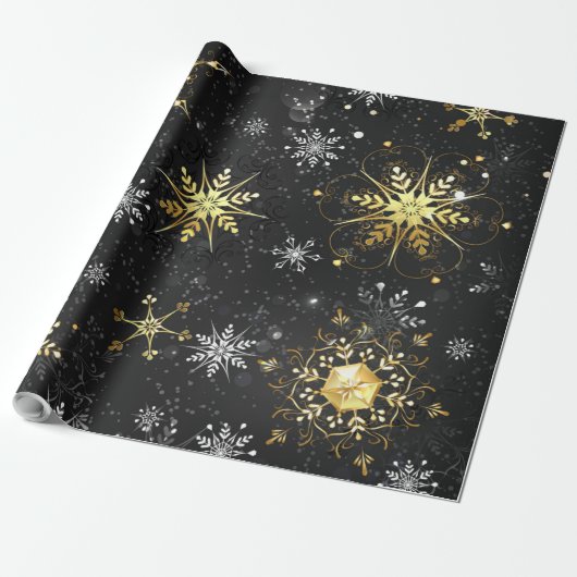 Xmas Golden Snowflakes op zwarte achtergrond Cadeaupapier (Uitgerold)