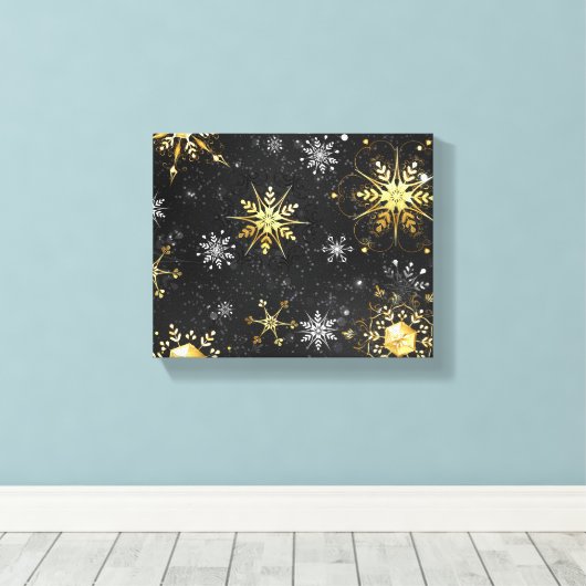 Xmas Golden Snowflakes op zwarte achtergrond Canvas Afdruk (Insitu (Houten vloer))