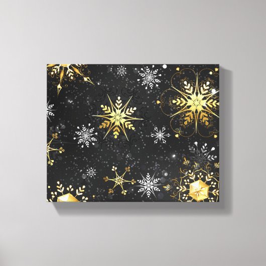 Xmas Golden Snowflakes op zwarte achtergrond Canvas Afdruk (Voorkant)