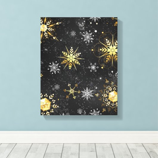 Xmas Golden Snowflakes op zwarte achtergrond Canvas Afdruk (Insitu (Houten vloer))