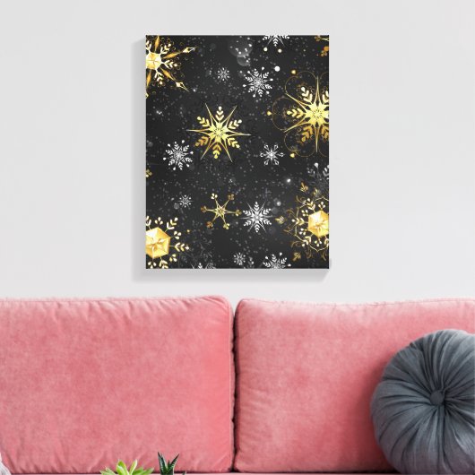 Xmas Golden Snowflakes op zwarte achtergrond Canvas Afdruk (Insitu (Woonkamer))