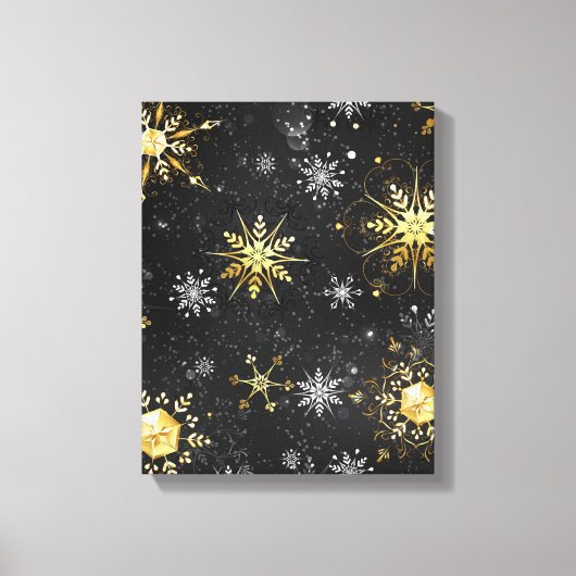 Xmas Golden Snowflakes op zwarte achtergrond Canvas Afdruk (Voorkant)
