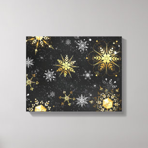 Xmas Golden Snowflakes op zwarte achtergrond Canvas Afdruk