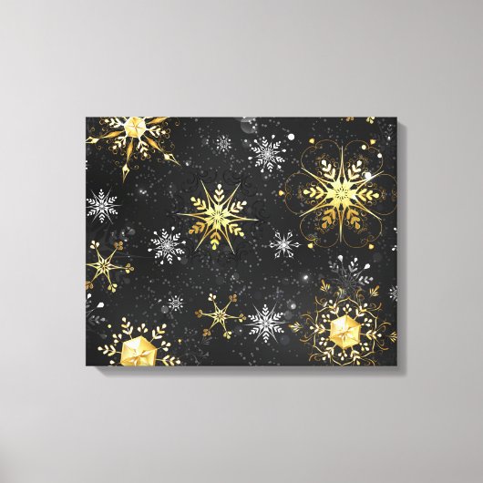 Xmas Golden Snowflakes op zwarte achtergrond Canvas Afdruk (Voorkant)