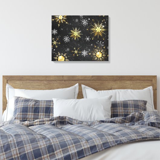 Xmas Golden Snowflakes op zwarte achtergrond Canvas Afdruk (Insitu (Slaapkamer))