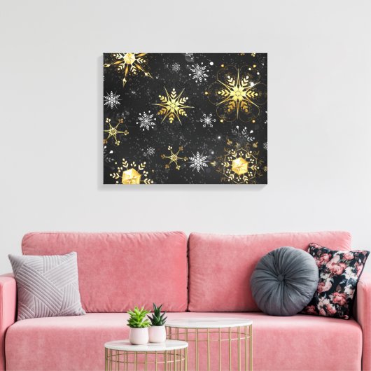 Xmas Golden Snowflakes op zwarte achtergrond Canvas Afdruk (Insitu (Woonkamer))