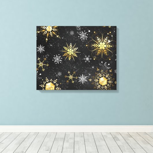 Xmas Golden Snowflakes op zwarte achtergrond Canvas Afdruk (Insitu (Houten vloer))